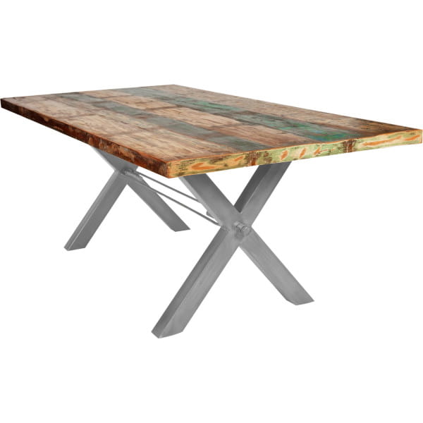 Massivholztisch 180x100 - Altholz lackiert bunt - Metall silber