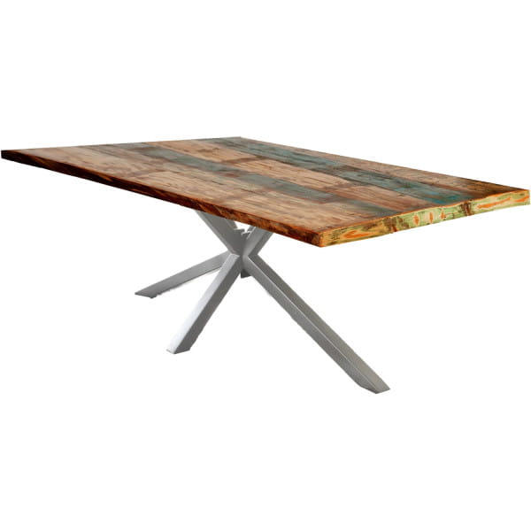 Massivholztisch 160x85 - Altholz lackiert bunt - Metall antiksilber