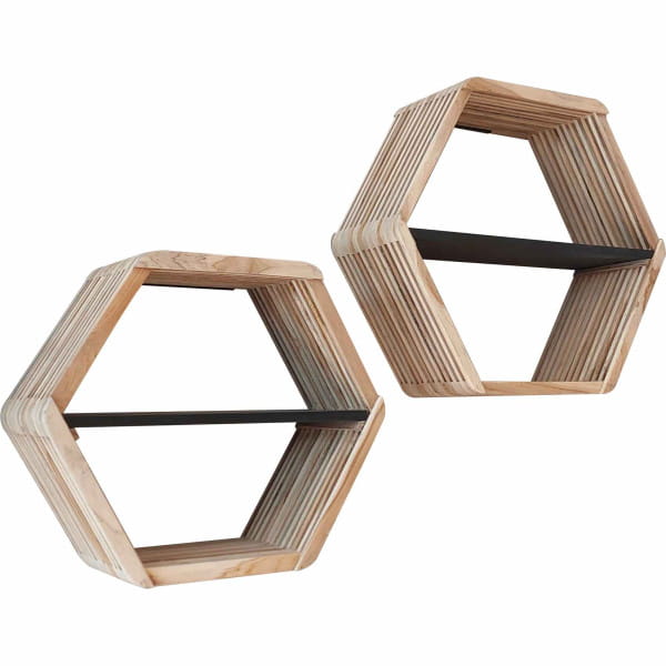 Wandregal Hexagon verwittertes Teakholz (2er-Set)