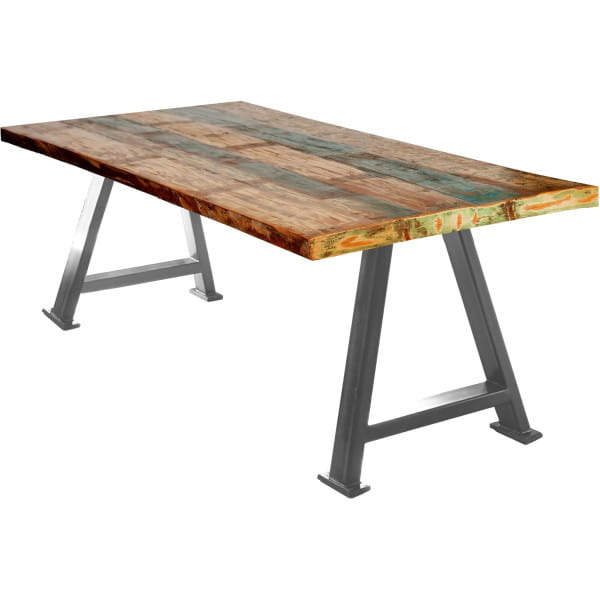 Massivholztisch 240x100 - Altholz lackiert bunt - Metall antiksilber