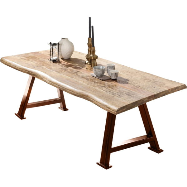 Massivholztisch 160x90 - Mango natur - Metall antikbraun - mit Baumkante