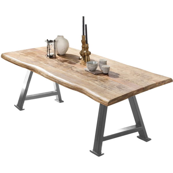 Massivholztisch 160x90 - Mango natur - Metall antiksilber - mit Baumkante