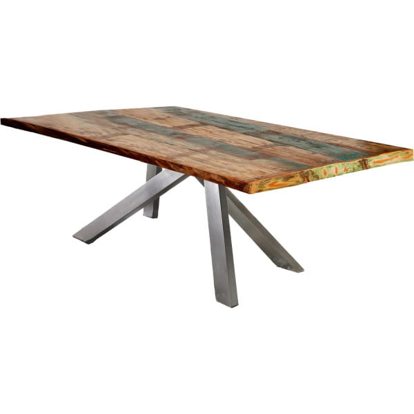 Massivholztisch 200x100 - Altholz lackiert bunt - Metall antiksilber