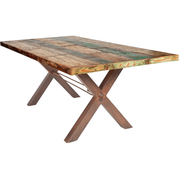 Massivholztisch 200x100 - Altholz lackiert bunt - Metall braun